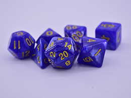 A set of blue and gold ttrpg dice