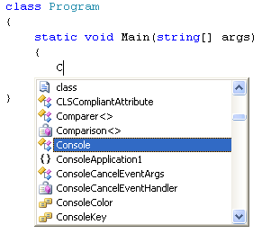 The IntelliSense menu