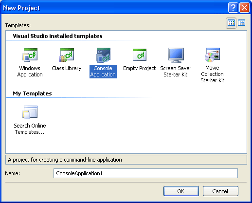 The New Project dialogue box in C# Express