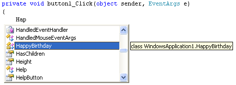 The Class appears on the IntelliSense list