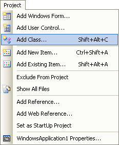 The Add Class menu in Visual C# .NET