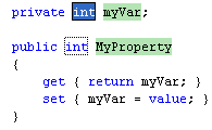 The default snippet code for a C# Property