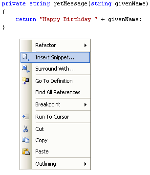 The Insert Snippet menu