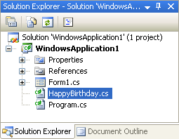 The Solution Explorer with the Class file showing