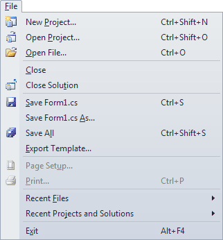 The Visual C# File Menu
