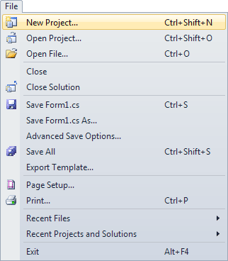 New Project menu in C# 2010