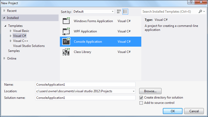 A New Console Project in C# 2012