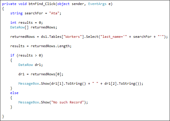 C# code to find a record in a database