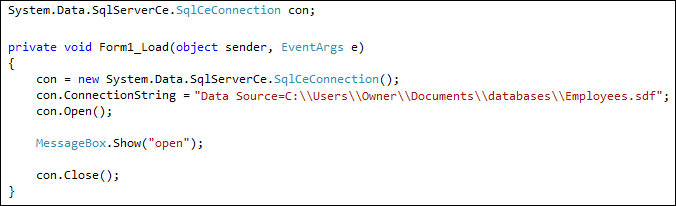 C# Code to open a connection to a SDF database