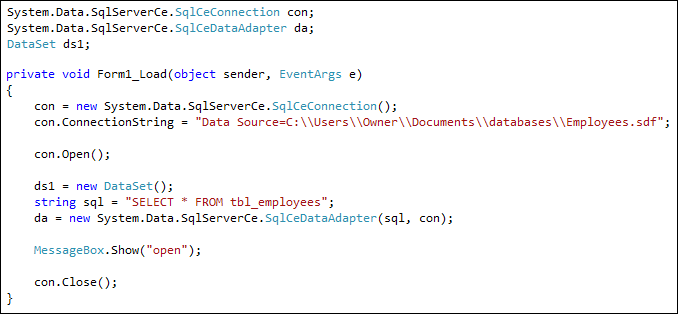 C# Code to select records from a SDF database table