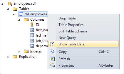Show Table Data menu