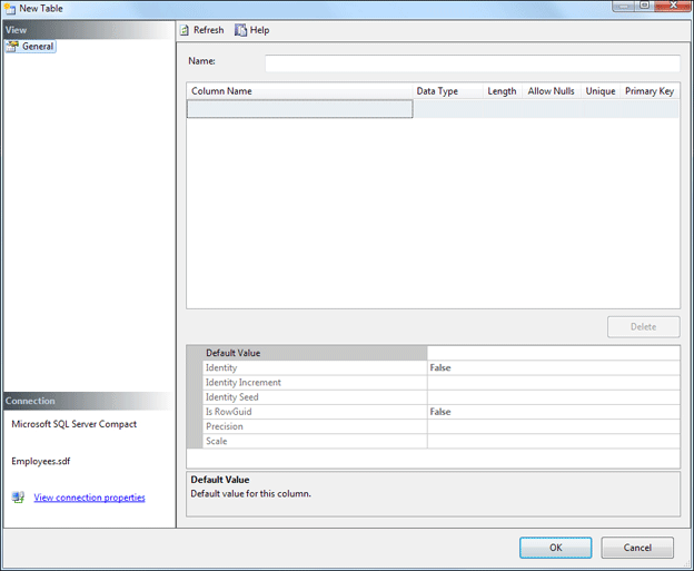 The New Table screen in C#