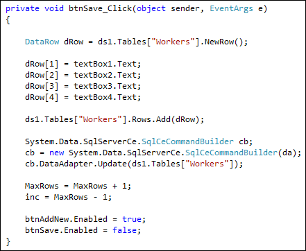 C# Code to update a dataset