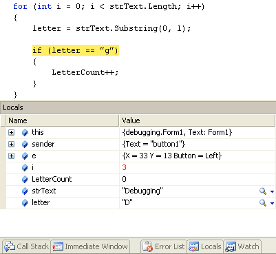 The Locals Window showing what is inside of the variables