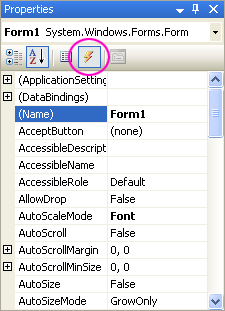 The C# Properties area with the Events icon circled