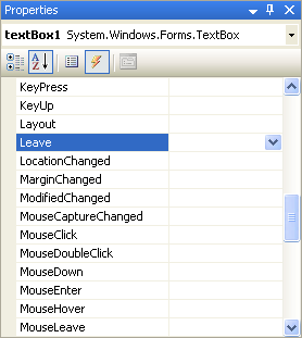 C# Properties box for the Leave Event