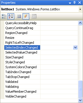 C# properties box showing the SelectedIndexChanged event