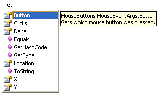 The IntelliSense list for the e Event