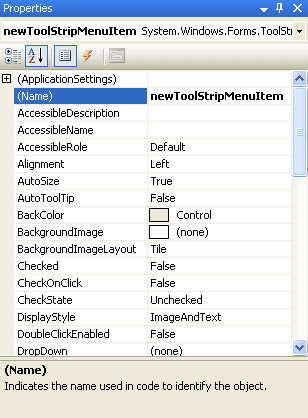Properties for the New menu item