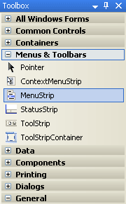 The menustrip in the C# toolbox