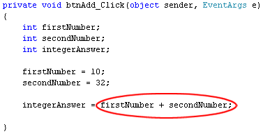 C# adds up the values to the right of the = sign