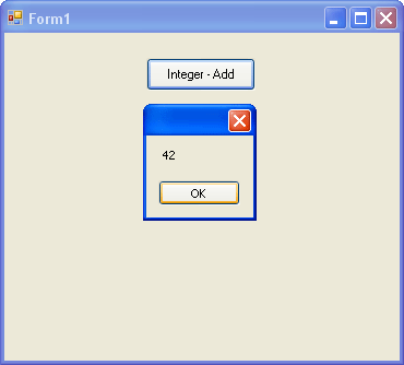 The message box displays the answer to the addition