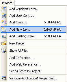 The Add New Item menu in Visual C# .NET